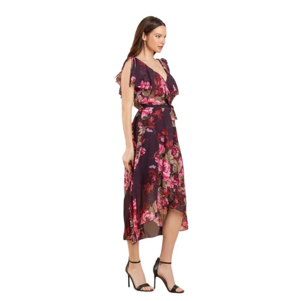 Plum and Red Roses Wrapped Ruffles Hi-Lo Midi Dress - Size 8 - Picture 7 of 8